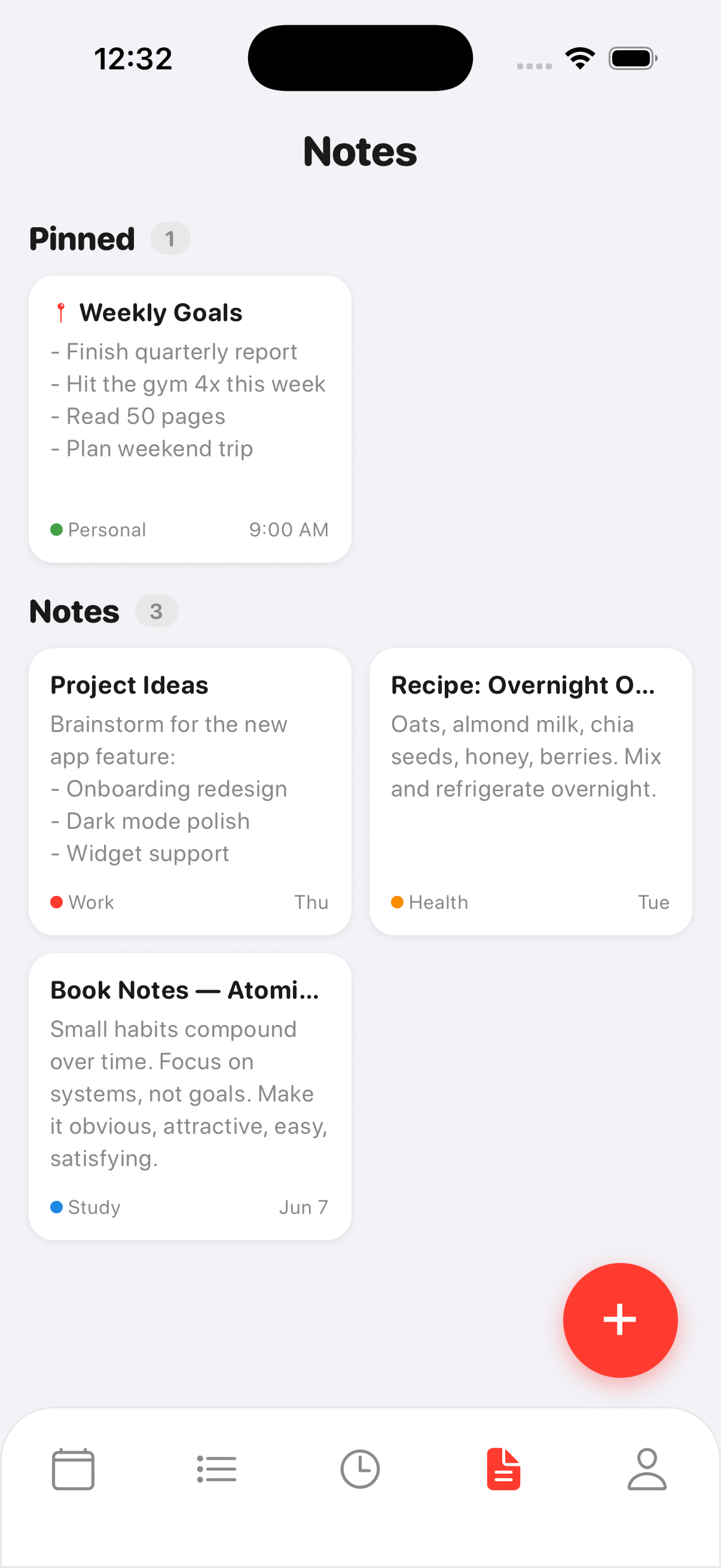 Divux notes with pinned and categorized entries