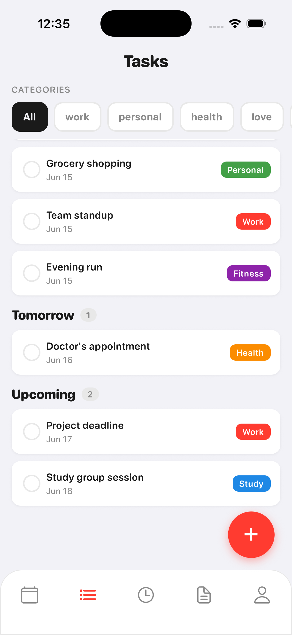 Divux task list grouped by today, tomorrow and upcoming